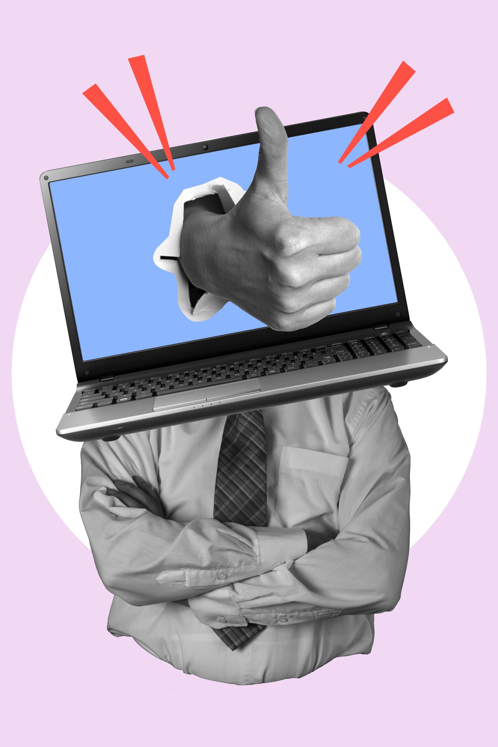 art collage man with laptop instead head laptop finger up good businessman 2